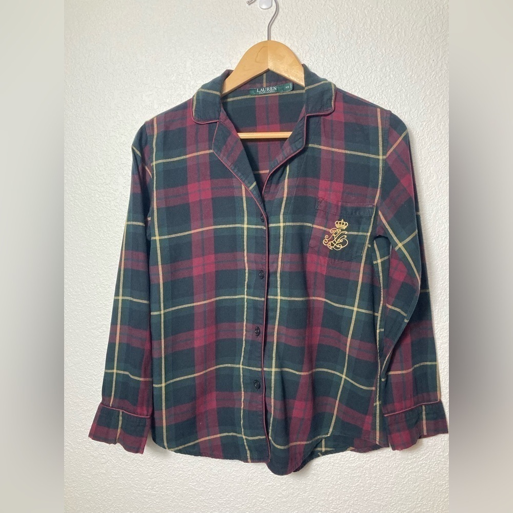 Lauren Ralph Lauren XS plaid pajama top shirt monogram logo pocket long sleeve